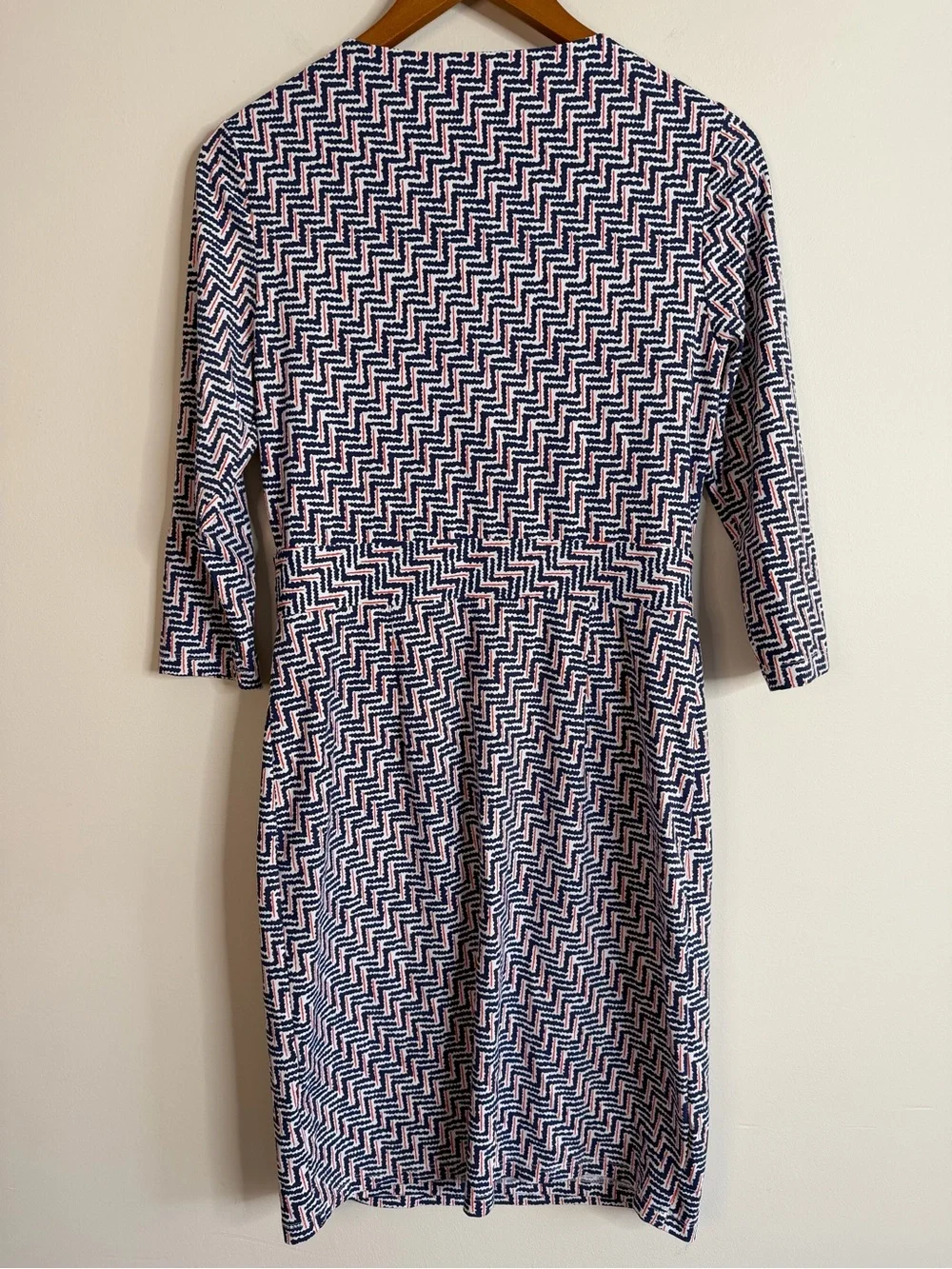 J McLaughlin Sz S Catalina Cloth Faux Wrap Dress 3/4 Sleeve Blue Red Stretch